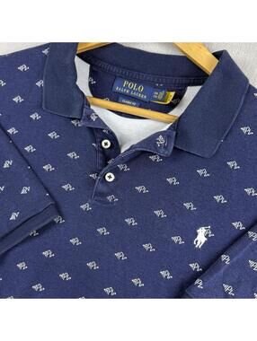 Polo Ralph Lauren Classic Fit Men XXL Navy All Over Print Pony Polo Shirt Preppy